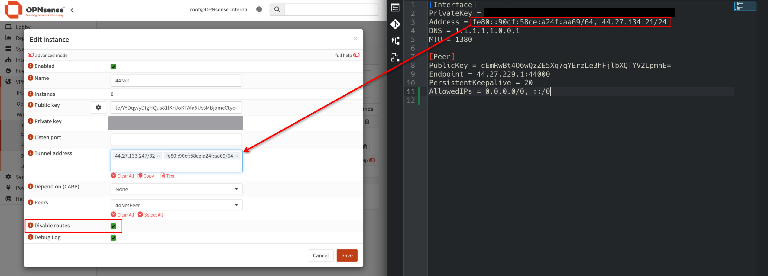 A screenshot with a side by side view of a WireGuard config file and an OPNsense WireGuard instance configuration page. A red arrow indicates how to copy the tunnel addresses from the config file to the OPNsense configuration page. A red rectangle indicates that the user should check the "Disable Routes" box.