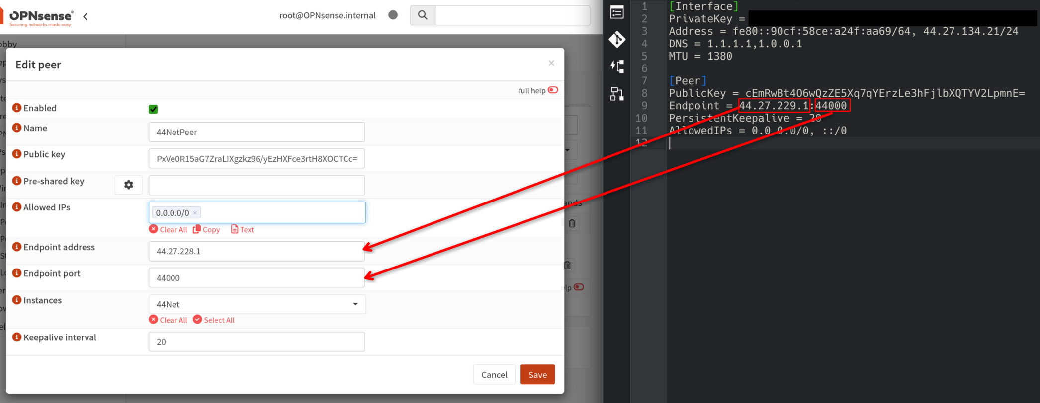 A side by side screenshot of the OPNsense peer configuration dialogue next to a WireGuard configuration file. Two red arrows indicate where to copy the endpoint IP and port from the config file to the OPNsense configuration dialogue.