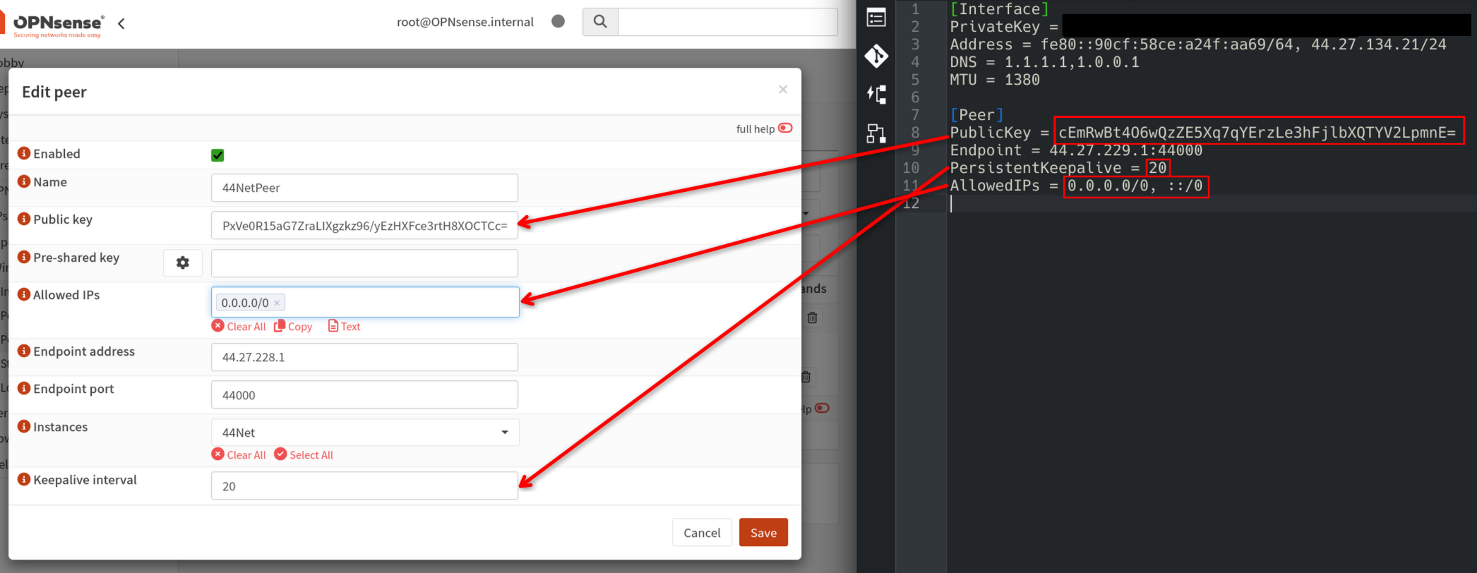 A side by side screenshot of the OPNsense peer configuration dialogue next to a WireGuard configuration file. Red arrows indicate where to copy the public key, keepalive interval, and allowed IPs from the config file to the OPNsense configuration dialogue.