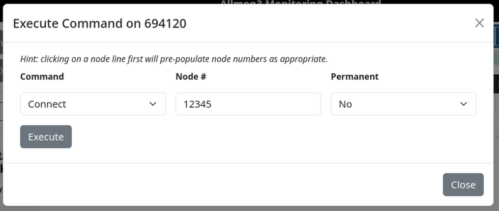 A screenshot of the linking commands dialogue in Allmon3. The selected command is "Connect," the node is "12345," and the connection is not permanent.